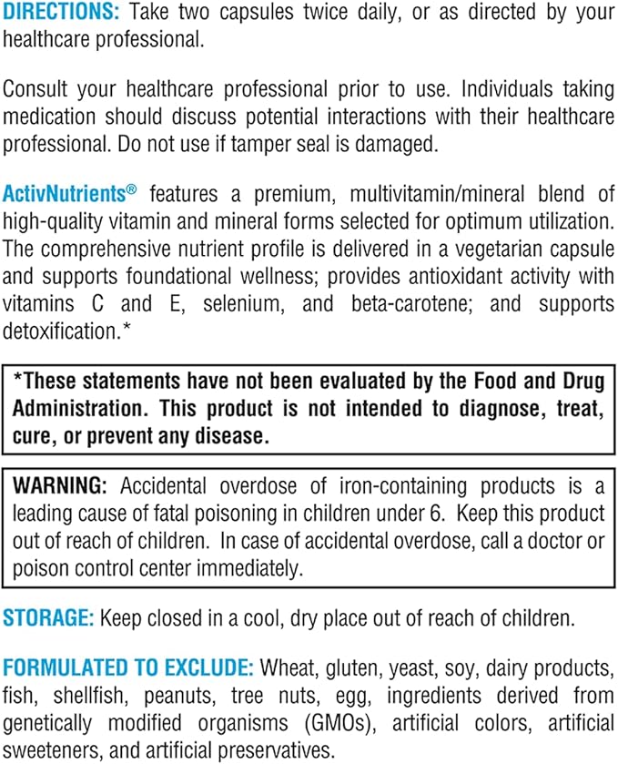 XYMOGEN ActivNutrients with Iron and Copper - Multivitamin Multimineral for Wellness, Immune, Energy and Mood Support - Chelated Minerals + Active B Vitamins with Folate (120 Capsules)