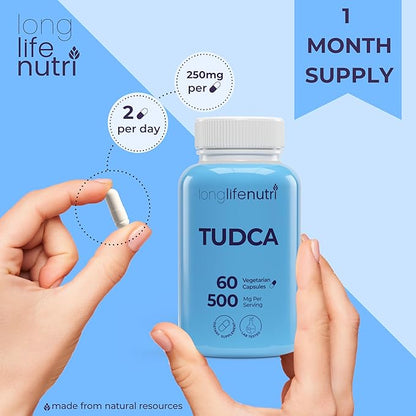 TUDCA - Tauroursodeoxycholic Acid Bile Salt, 500mg per Serving & 60 Vegetarian Capsules, Formulated for Liver Wellness, Natural Ingredients, 30-Day Supply, Made in USA