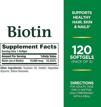 Nature's Bounty Biotin 10,000mcg, Supports Beautiful Hair, Glowing Skin and Healthy Nails, Rapid Release Softgels, 120 Count (Pack of 3)