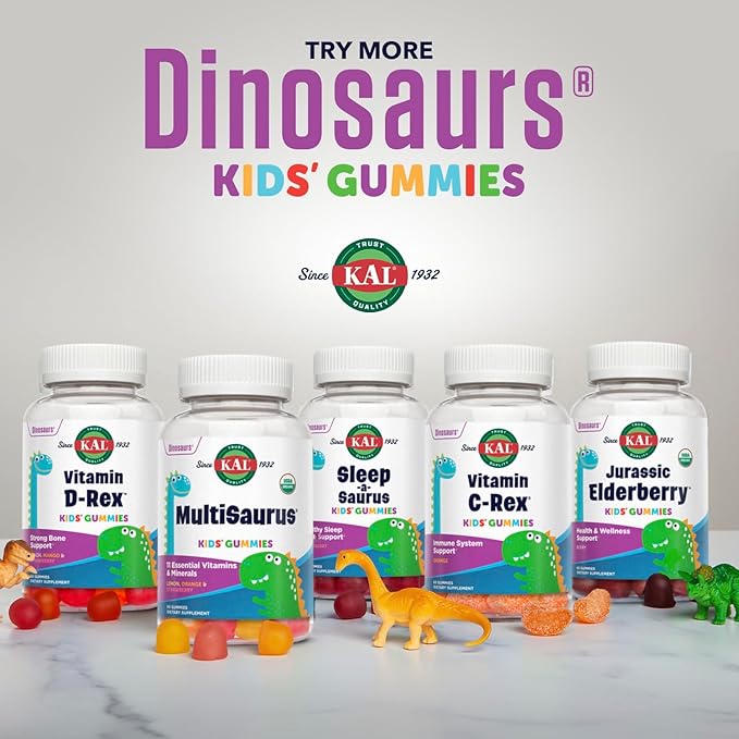 KAL MultiSaurus Multivitamin Gummies, USDA Organic Multivitamin for Kids, Healthy Bones, Immune & Energy Support, Vegan & Gluten Free, No Artificial Flavors or Colors, 30 Servings, 60 Gummies