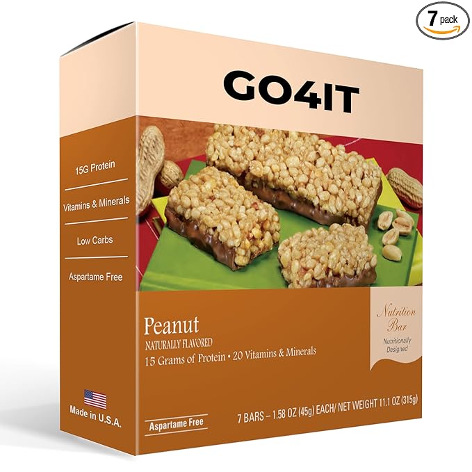 GO4IT Health Meal Replacement Bar, HIGH Protein Nutrition Bar, HIGH Fiber, LOW Calories, KETO friendly, On-the-go, Weight Loss Food Bar, 7/Box - (Peanut)