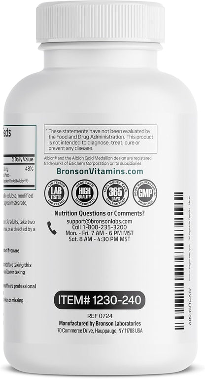 Bronson Magnesium Glycinate 200 MG per Serving Chelated for High Absorption, Gentle On Stomach, Non-GMO, 240 Vegetarian Capsules