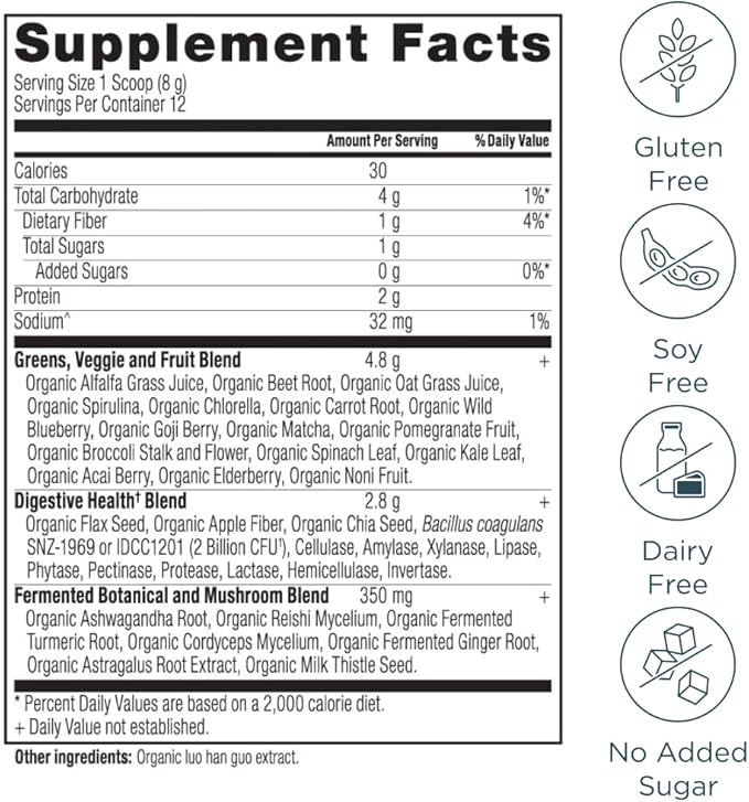 Ancient Nutrition Organic SuperGreens Powder with Probiotics, Organic Greens Flavor Greens, Made from Real Fruits, Vegetables and Herbs, Digestive and Energy Support, 12 Servings, 3.4oz