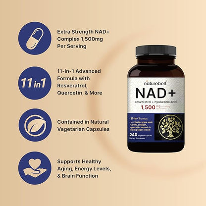 NatureBell NAD+ 1,500mg Per Serving, 240 Veggie Capsules | 11-in-1 Complex with Resveratrol Plus Hyaluronic Acid, Quercetin, Fisetin, Collagen, & More – Nicotinamide Supplement – Non-GMO