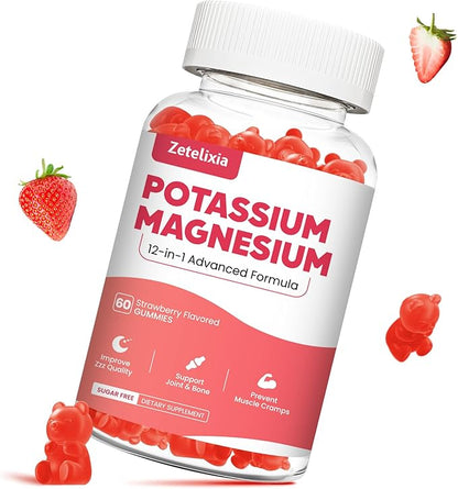 Potassium Magnesium Supplement Gummies for Adults Kids, Magnesium Glycinate Gummies 600mg & Potassium Citrate 1000mg, Plus Multivitamin, Omega-3 & Black Pepper, Leg Cramps, Muscle & Heart Health, 60ct