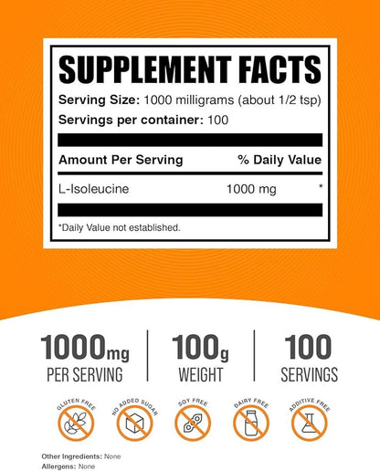 BulkSupplements.com L-Isoleucine Powder - Isoleucine Supplement, BCAA Supplement - Amino Acid Supplement, Unflavored & Gluten Free, 1000mg per Serving, 100g (3.5 oz) (Pack of 1)