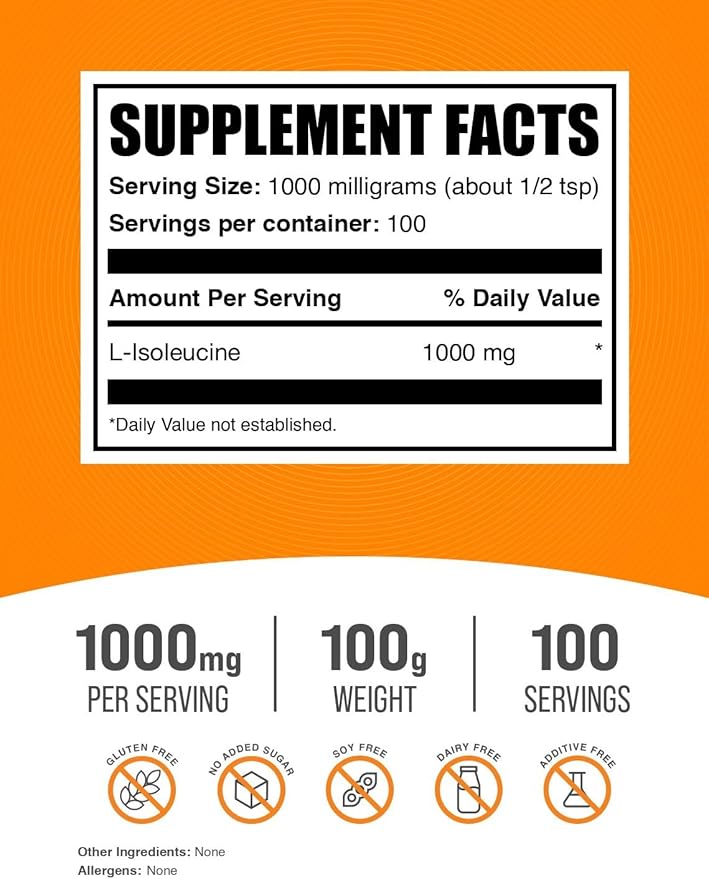 BulkSupplements.com L-Isoleucine Powder - Isoleucine Supplement, BCAA Supplement - Amino Acid Supplement, Unflavored & Gluten Free, 1000mg per Serving, 100g (3.5 oz) (Pack of 1)