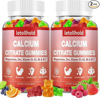 Calcium Citrate Gummies - 1200 mg Calcium Gummies with Magnesium Zinc Vitamins - Calcium Chews for Bone, Muscle, Joints, Immune Support, High Absorption Calcium Supplements for Women & Men 2 Packs