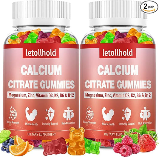Calcium Citrate Gummies - 1200 mg Calcium Gummies with Magnesium Zinc Vitamins - Calcium Chews for Bone, Muscle, Joints, Immune Support, High Absorption Calcium Supplements for Women & Men 2 Packs