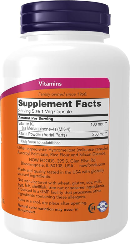 NOW Foods Supplements, Vitamin K-2 100 mcg, Menaquinone-4 (MK-4), Supports Bone Health*, 250 Veg Capsules