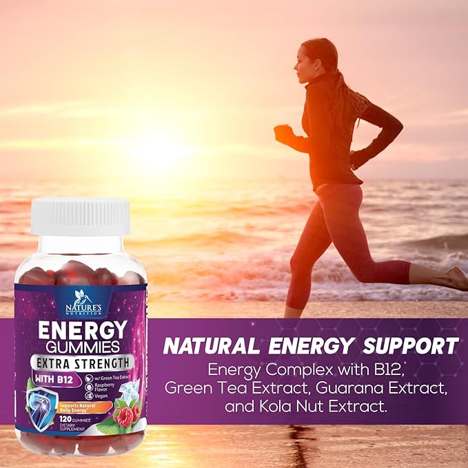 Energy Gummies Vitamin B12, Green Tea Natural Caffeine Support, Extra Strength 1000 mcg Daily Energy Vitamins, Delicious Berry Flavor Gluten Free Chewable Supplement for Cycling & Running - 120 Chews