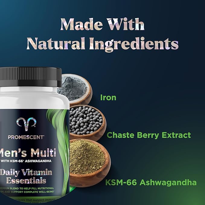 Promescent Multivitamin for Men, Vitamin B12, Vitamin C, Vitamin D3, KSM-66 Ashwagandha, Quality Mens Multivitamins, Multi Vitamins for Adults, Daily Mens Multivitamin, Iron Supplement, 30 Day Supply