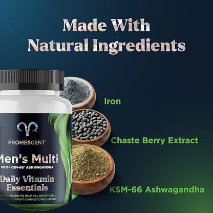 Promescent Multivitamin for Men, Vitamin B12, Vitamin C, Vitamin D3, KSM-66 Ashwagandha, Quality Mens Multivitamins, Multi Vitamins for Adults, Daily Mens Multivitamin, Iron Supplement, 30 Day Supply