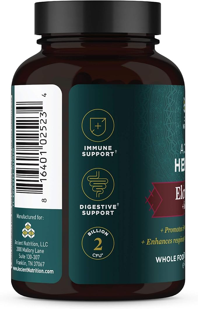 Elderberry and Probiotics Supplement by Ancient Nutrition, Ancient Herbals Black Elderberry Capsules, Immune System Support, Whole Food Supplement, Gluten Free, Paleo and Keto Friendly, 60 Capsules