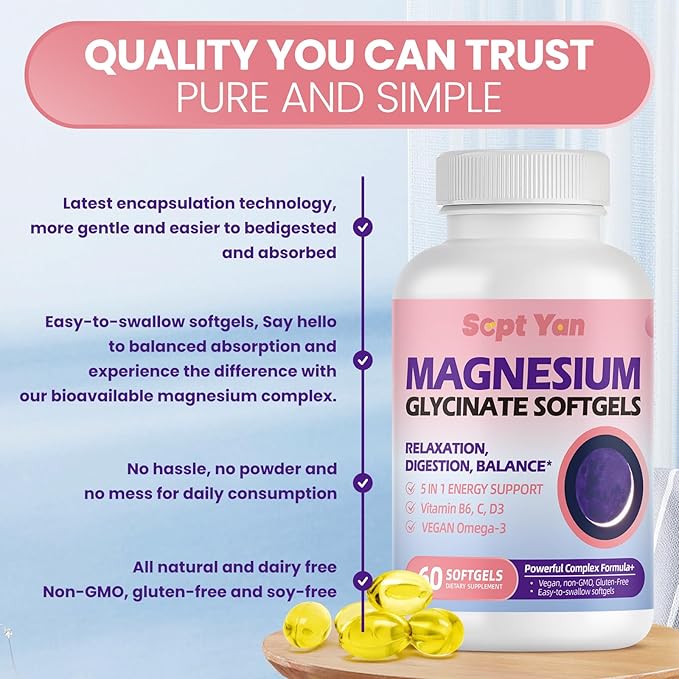 Magnesium Glycinate Softgels, with Vitamin B6, C, D3, Omega-3 | Highly Absorbable Magnesium Supplement for Calm, Muscle & Sleep Support | Easy to Swallow Soft Gels for Women & Men Vegan | 60 Count