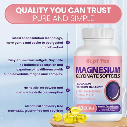 Magnesium Glycinate Softgels, with Vitamin B6, C, D3, Omega-3 | Highly Absorbable Magnesium Supplement for Calm, Muscle & Sleep Support | Easy to Swallow Soft Gels for Women & Men Vegan | 60 Count