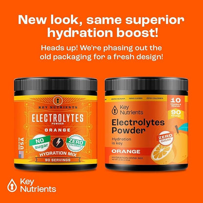 KEY NUTRIENTS Multivitamin Electrolytes Powder No Sugar - Tangy Orange Electrolyte Powder - Endurance & Energy Supplement - Hydration Powder - No Calories - 90 Servings - Made in USA