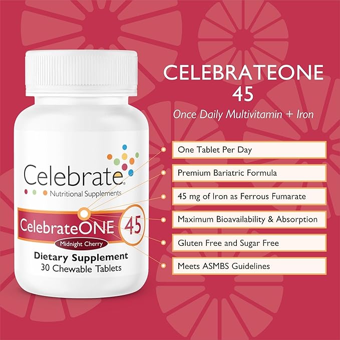 Celebrate Vitamins CelebrateONE 45 Chewables, 45mg Iron - One A Day Bariatric Multivitamin, Essential Vitamins & Minerals - Gastric Bypass & Sleeve Gastrectomy Supplement - Cherry (30 Tablets)