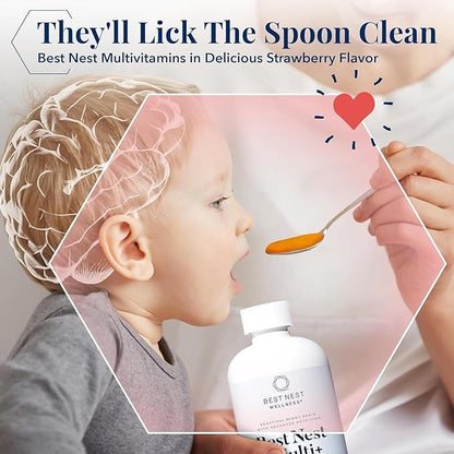 Best Nest Wellness Kids Liquid Multivitamin: Methylated Vitamins, Whole Food, Vegan, B12, Gluten-Free, Non-GMO Methylfolate Daily Liquid Vitamins for Kids with Immune Support -Strawberry Flavor, 16oz