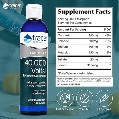 Trace Minerals 40,000 Volts - Concentrate Supplement Drops for Electrolyte Support - Support Muscle Health & Vitality - Workout Drink to Aid Hydration - 8 fl oz (Pack of 2) (96 Servings)