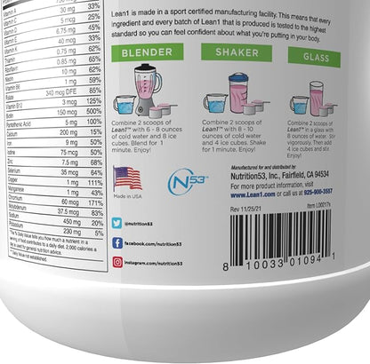 Nutrition 53 Lean 1 Meal Replacement Powder for Weight Loss, Fat Burner, Appetite Control Regular Tub 2500cc Strawberry (15 Servings)