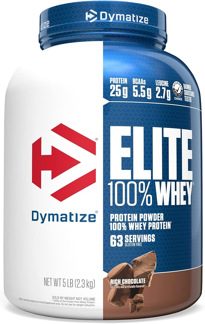 Dymatize Elite 100% Whey Protein Powder, 25g Protein, 5.5g BCAAs & 2.7 L-Leucine, Quick Absorbing & Fast Digesting for Optimal Muscle Recovery, Rich Chocolate, 5 Pound, 63 Servings