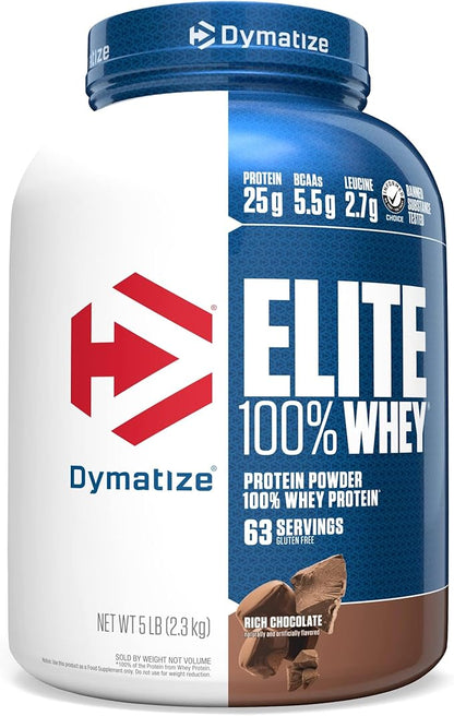 Dymatize Elite 100% Whey Protein Powder, 25g Protein, 5.5g BCAAs & 2.7 L-Leucine, Quick Absorbing & Fast Digesting for Optimal Muscle Recovery, Rich Chocolate, 5 Pound, 63 Servings