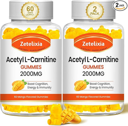 2 Pack Acetyl L-Carnitine Gummies 2000mg, L-Carnitine Supplement for Promote Fatty Acids Oxidation, Nutrition Supplement for Boost Energy, Immunity & Metabolism, Mango Flavor, 120 Count