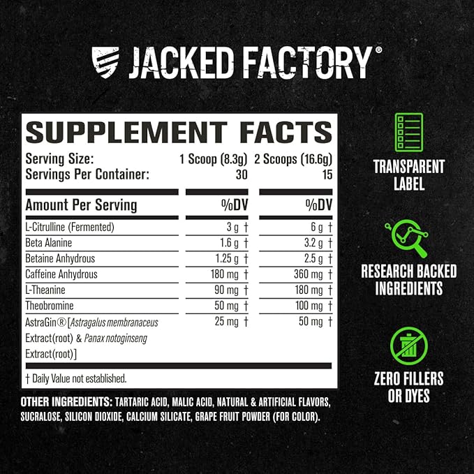 Jacked Factory NITROSURGE Pre Workout Supplement - Endless Energy, Instant Strength Gains, Clear Focus, Intense Pumps - Nitric Oxide Booster & Powerful Preworkout Energy Powder - 30 Servings, Grape