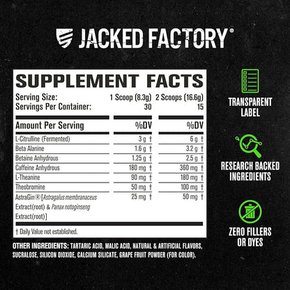 Jacked Factory NITROSURGE Pre Workout Supplement - Endless Energy, Instant Strength Gains, Clear Focus, Intense Pumps - Nitric Oxide Booster & Powerful Preworkout Energy Powder - 30 Servings, Grape