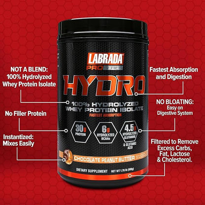 LABRADA HYDRO 100% Pure Hydrolyzed Whey Protein Isolate Powder, Lactose free, 6g BCAA’s, 4.5g Glutamine, Fastest Digesting Whey Available, Instant Mixing, Delicious Taste 20 Servings Choc PeanutButter