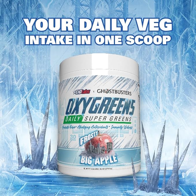 EHP Labs x Ghostbusters OxyGreens Super Greens Powder - Spirulina & Chlorella Superfood, Green Juice Powder with Prebiotic Fibre, Antioxidants & Immunity Support, 30 Serves (Frosty Big Apple)