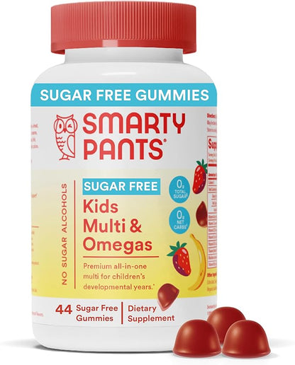 SmartyPants Kids Multivitamin Gummies, Sugar Free: Omega 3 (ALA), Vitamin D3, C, Vitamin B12, B6, Vitamin A, K & Zinc for Immune Support, Erythritol Free, Strawberry Banana, 44 Count (22 Day Supply)
