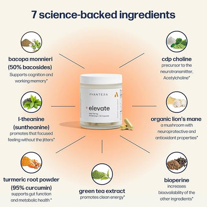 Avantera Elevate Premium Nootropic Supplement - Beat Brain Fog - Best Focus Supplements for Memory & Focus Support - Energy Without Crash - 60 Count Pills for Women & Men