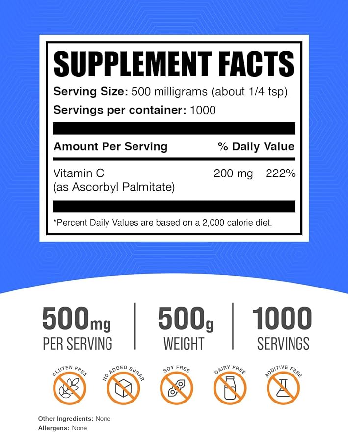 BulkSupplements.com Ascorbyl Palmitate Powder - Vitamin C Ester, Ascorbyl Palmitate 500mg - Vitamin C Supplement, Gluten Free, 500mg per Serving, 500g (1.1 lbs) (Pack of 1)