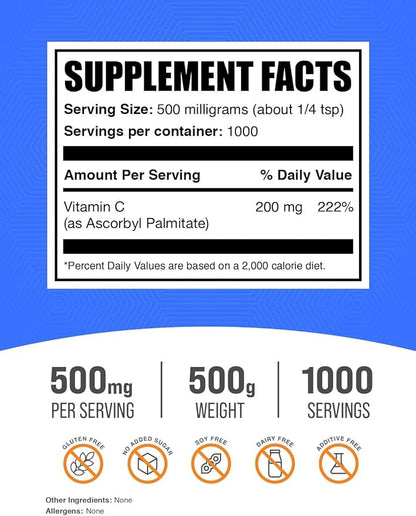 BulkSupplements.com Ascorbyl Palmitate Powder - Vitamin C Ester, Ascorbyl Palmitate 500mg - Vitamin C Supplement, Gluten Free, 500mg per Serving, 500g (1.1 lbs) (Pack of 1)