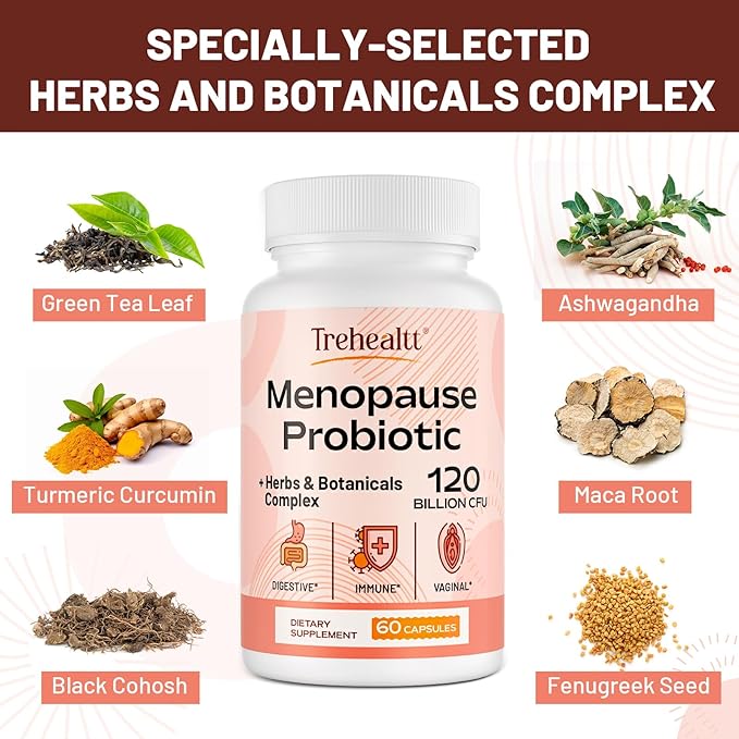 Menopause supplements for women, 120 Billion CFU Probiotic, 13-in-1 Herbs & Botanicals Complex, for Hormone Menopause, Hot Flashes, Night Sweats, Mood Swings, Sleep Disturbances, Vegan, 60 Capsules