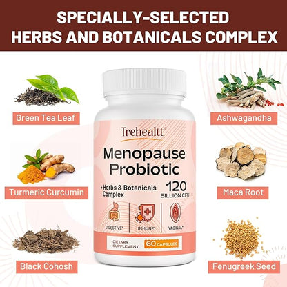 Menopause supplements for women, 120 Billion CFU Probiotic, 13-in-1 Herbs & Botanicals Complex, for Hormone Menopause, Hot Flashes, Night Sweats, Mood Swings, Sleep Disturbances, Vegan, 120 Caps
