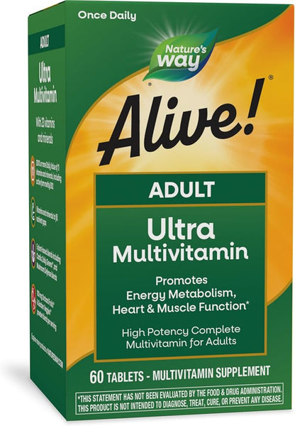 Nature's Way Alive! Adult Ultra Multivitamin, Promotes Energy Metabolism, Heart & Muscle Function*, with B-Vitamins Including Methylated B12, Gluten Free, 60 Tablets (Packaging May Vary)