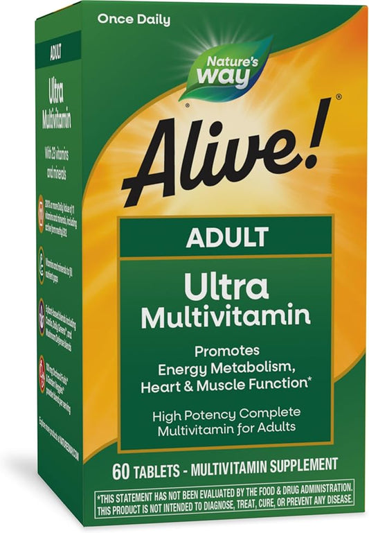 Nature's Way Alive! Adult Ultra Multivitamin, Promotes Energy Metabolism, Heart & Muscle Function*, with B-Vitamins Including Methylated B12, Gluten Free, 60 Tablets (Packaging May Vary)