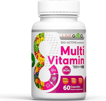 LIVEGOOD™ Women's Bio-Active Complete Multivitamin with Iron, Vitamin A, B12, C, E, Lycopene, Vegan, 60 Capsules