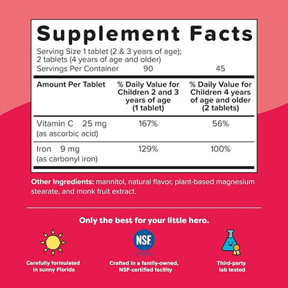 Renzo's Iron Supplements for Kids - Dissolvable Vegan Iron Supplement with Vitamin C - Sugar Free, Oh-Oh-Oh Orange Flavor, 90 Melty Tabs