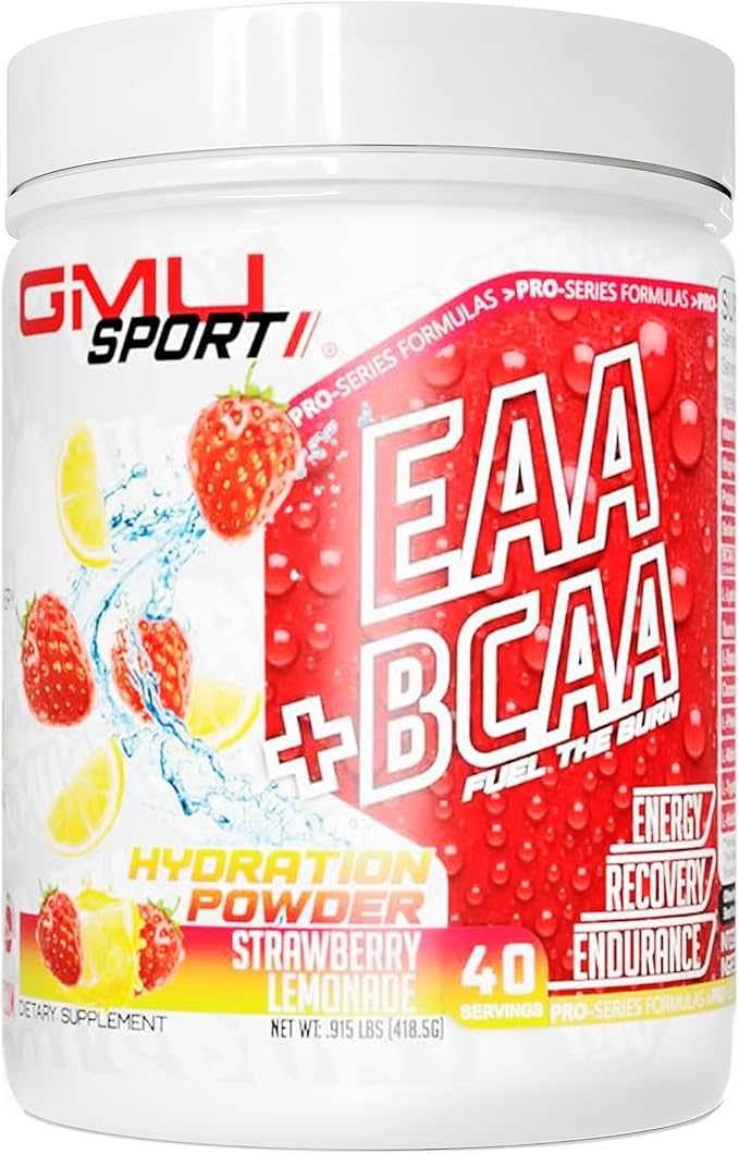 GMU SPORT - BCAA & EAA Hydration & Recovery Powder -Full Essential Amino Acids Profile Hydration Powder for Energy, Fast Recovery & Endurance - 40 Servings, Electrolyte Drink (Strawberry Lemonade)