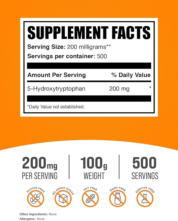 BulkSupplements.com 5-HTP Powder - 5-Hydroxytryptophan, 5 HTP Supplement - 5-HTP 200mg, Mood Support Supplement - Gluten Free, 200mg per Serving, 100g (3.5 oz) (Pack of 1)