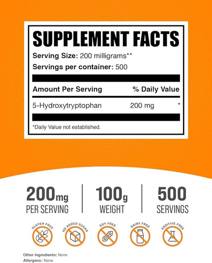 BulkSupplements.com 5-HTP Powder - 5-Hydroxytryptophan, 5 HTP Supplement - 5-HTP 200mg, Mood Support Supplement - Gluten Free, 200mg per Serving, 100g (3.5 oz) (Pack of 1)
