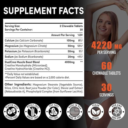Creatine Chews Tablets for Men & Women, 4220 Mg Chewable Creatine Monohydrate for Energy, Faster Recovery, Strength, Superior Absorption with Liposomal & Micronized, Non-GMO, 30 Servings
