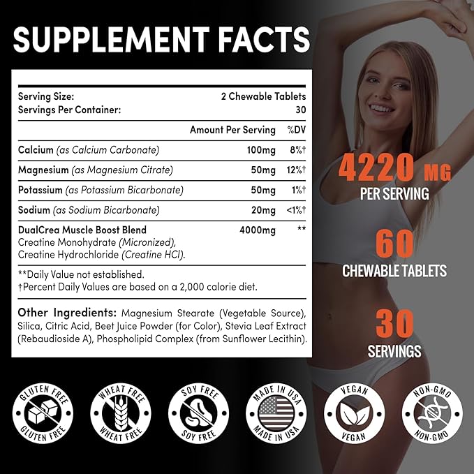 Creatine Chews Tablets for Men & Women, 4220 Mg Chewable Creatine Monohydrate for Energy, Faster Recovery, Strength, Superior Absorption with Liposomal & Micronized, Non-GMO, 60 Servings