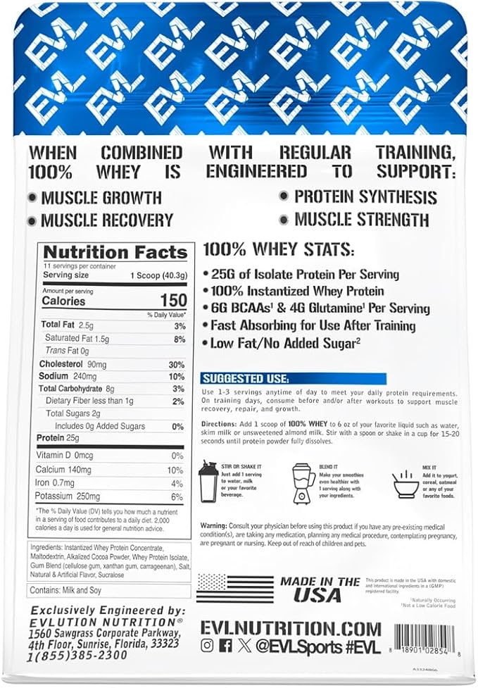 Evlution Nutrition 100% Whey Protein, 25g of Whey Protein, 6g of BCAAs, 4g of Glutamine, Gluten Free (1 LB, Double Rich Chocolate)