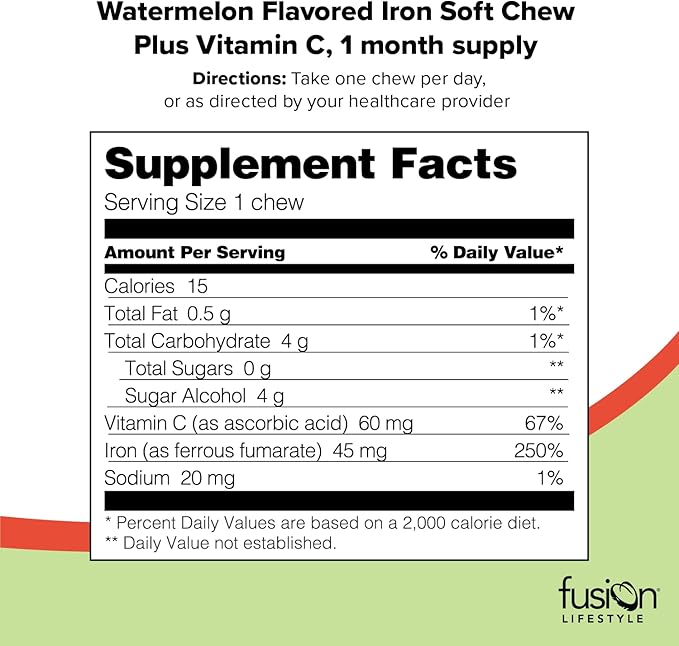 Iron Supplement for Women and Men, Watermelon Flavored Iron Soft Chew Plus Vitamin C for Iron Deficiency and Anemia, 1 Month Supply, 30 Count