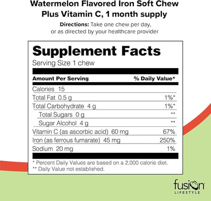 Iron Supplement for Women and Men, Watermelon Flavored Iron Soft Chew Plus Vitamin C for Iron Deficiency and Anemia, 1 Month Supply, 30 Count